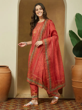 Rust Cotton Blend Ethnic Motif Printed Suit Set with Chanderi Blend Dupatta