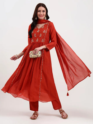 Rust Chanderi Silk Embroidered A Line Suit Set with Dupatta