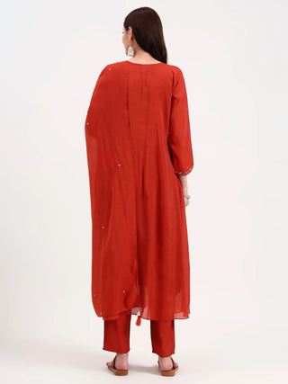 Rust Chanderi Silk Embroidered A Line Suit Set with Dupatta