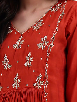 Rust Chanderi Silk Embroidered A Line Suit Set with Dupatta