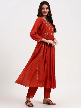 Rust Chanderi Silk Embroidered A Line Suit Set with Dupatta