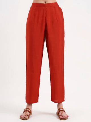 Rust Chanderi Silk Embroidered A Line Suit Set with Dupatta