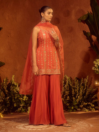 Orange Viscose Chanderi Embroidered Ethnic Straight Kurta Set with Dupatta