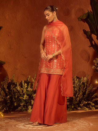 Orange Viscose Chanderi Embroidered Ethnic Straight Kurta Set with Dupatta