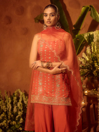 Orange Viscose Chanderi Embroidered Ethnic Straight Kurta Set with Dupatta
