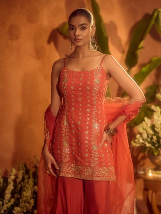 Orange Viscose Chanderi Embroidered Ethnic Straight Kurta Set with Dupatta