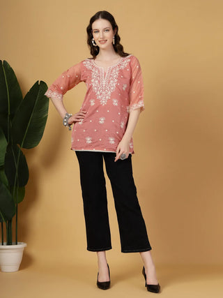 Rust Organza Thread Work Embroidered Short Kurta