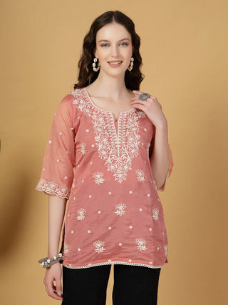 Rust Organza Thread Work Embroidered Short Kurta