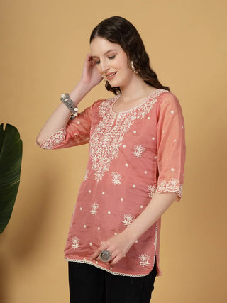 Rust Organza Thread Work Embroidered Short Kurta