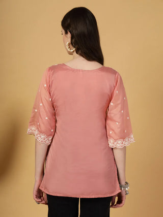 Rust Organza Thread Work Embroidered Short Kurta