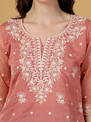 Rust Organza Thread Work Embroidered Short Kurta