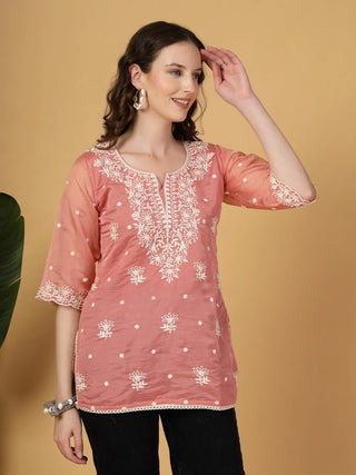 Rust Organza Thread Work Embroidered Short Kurta