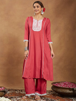Rust Rayon Yoke Embroidered Kurta Bottom Set