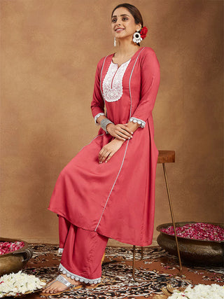 Rust Rayon Yoke Embroidered Kurta Bottom Set