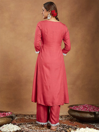 Rust Rayon Yoke Embroidered Kurta Bottom Set