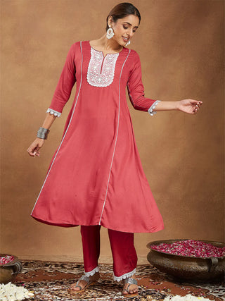 Rust Rayon Yoke Embroidered Kurta Bottom Set