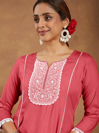 Rust Rayon Yoke Embroidered Kurta Bottom Set