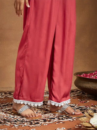 Rust Rayon Yoke Embroidered Kurta Bottom Set