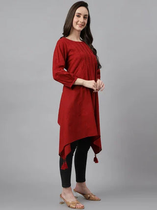 Maroon Dobby Cotton Tunic With Puff Sleeves