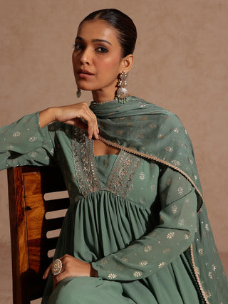 Sage Green Georgette Embellished Foil Print Open Tiered Kurta Dupatta Set