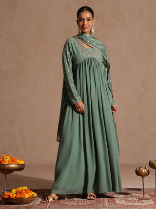 Sage Green Georgette Embellished Foil Print Open Tiered Kurta Dupatta Set
