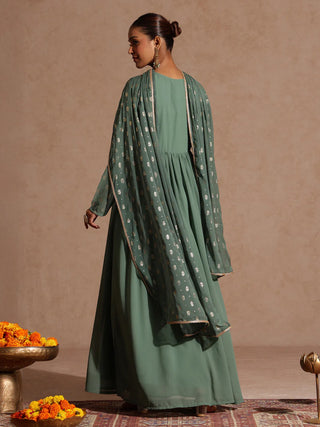 Sage Green Georgette Embellished Foil Print Open Tiered Kurta Dupatta Set