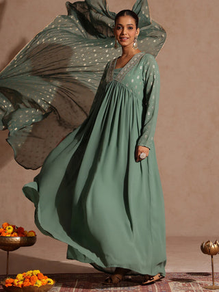 Sage Green Georgette Embellished Foil Print Open Tiered Kurta Dupatta Set