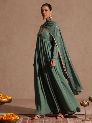 Sage Green Georgette Embellished Foil Print Open Tiered Kurta Dupatta Set