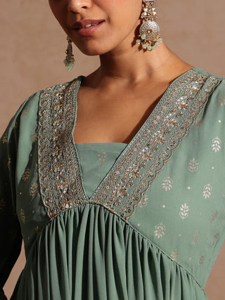 Sage Green Georgette Embellished Foil Print Open Tiered Kurta Dupatta Set