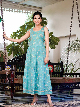 Sea Green Cotton Floral Print Anarkali Style Dress