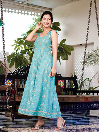 Sea Green Cotton Floral Print Anarkali Style Dress