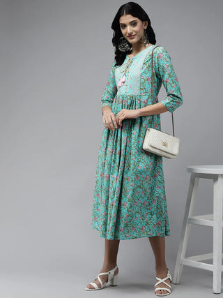 Sea Green Cotton Floral Print & Embroidred A Line Dress