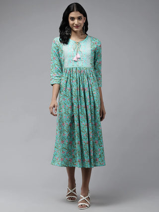 Sea Green Cotton Floral Print & Embroidred A Line Dress