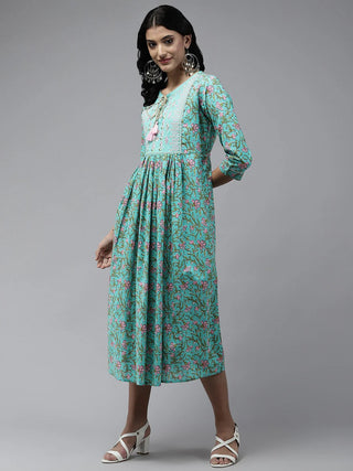 Sea Green Cotton Floral Print & Embroidred A Line Dress