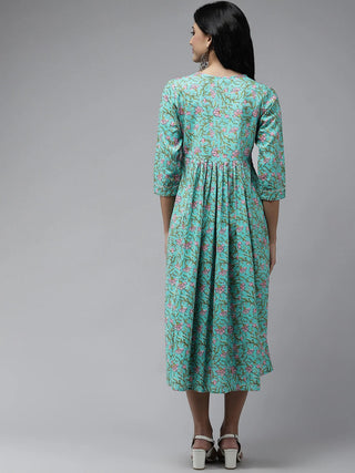 Sea Green Cotton Floral Print & Embroidred A Line Dress