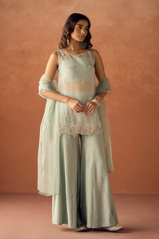Sea Green Organza Hand Work A-Line Suit Set with Dupatta