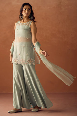 Sea Green Organza Hand Work A-Line Suit Set with Dupatta