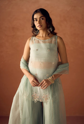 Sea Green Organza Hand Work A-Line Suit Set with Dupatta