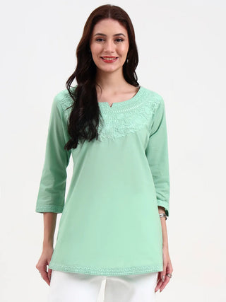 Sea Green Cotton Embroidered Peplum Top