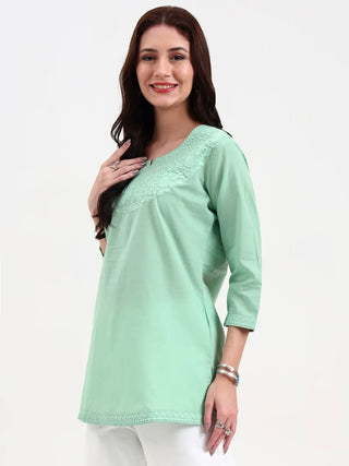 Sea Green Cotton Embroidered Peplum Top