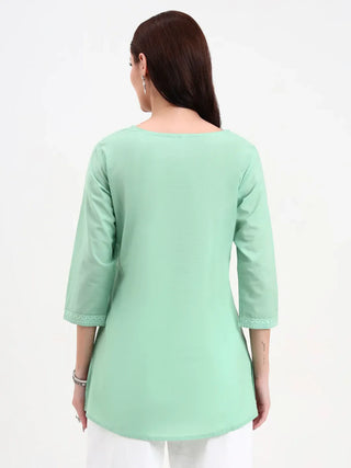 Sea Green Cotton Embroidered Peplum Top