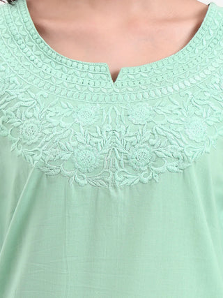 Sea Green Cotton Embroidered Peplum Top
