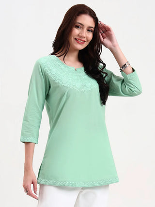 Sea Green Cotton Embroidered Peplum Top