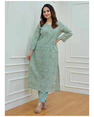 Sea Green Viscose Printed & Embroidered Kurta Pant Set