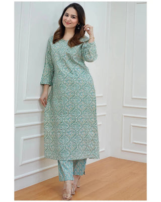 Sea Green Viscose Printed & Embroidered Kurta Pant Set