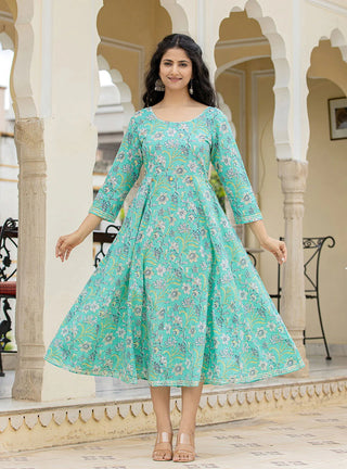 Sea Green Flared Floral Print Ethnic Dress