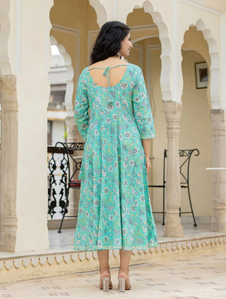 Sea Green Flared Floral Print Ethnic Dress