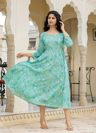 Sea Green Flared Floral Print Ethnic Dress