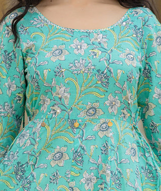 Sea Green Flared Floral Print Ethnic Dress