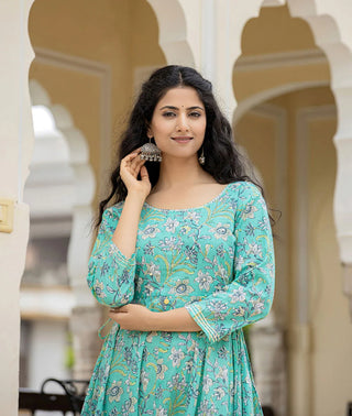 Sea Green Flared Floral Print Ethnic Dress